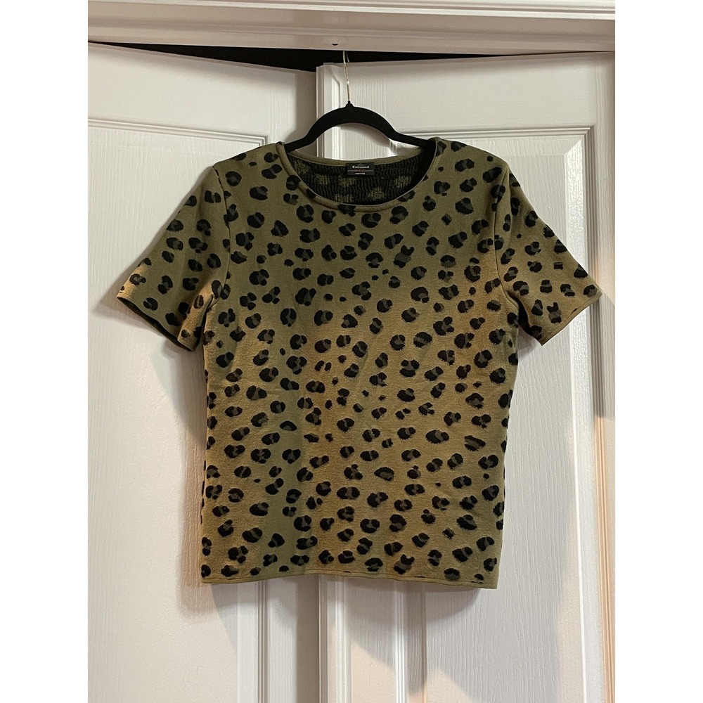 Montegrappa Sweater Womens 4 Green Leopard Animal Print Short Sleeve Knit Italy
